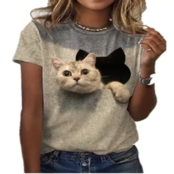 Camiseta estampada para mujer gato / gato manga corta fitnesa top gadījuma moda nicho diseñador ropa ir 2021. nuevo