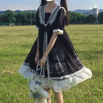 Zila Salds Kawaii Lolita Kleita Cute Japāņu kara Flotes Stils Priekšgala Lolita Īsām piedurknēm Kleita Kawaii Apģērbu Pasaku Lolita Kleita Gotikas