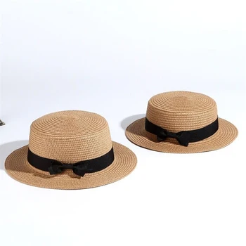 Vienkārši Vasaras Mātes-bērna Pludmales Cepure Sieviešu Ikdienas Panamas Cepuri Dāma Zīmolu Sieviešu Dzīvoklis malām Bowknot Salmu cepurīte meitenes Saules Cepure