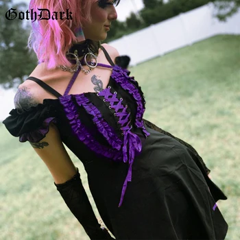 Goth Tumši Mall Gothic E-meitene Estētisko Sieviešu Mini Kleitas Grunge Ruffles Pārsējs Black Pavada Kleita-line Alt Drēbes Partywear