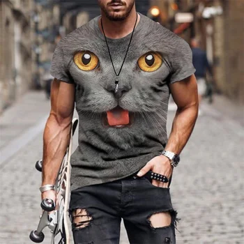 3D Kaķis Iespiesti Vīriešu T-Krekls Vasaras Gadījuma Īsām Piedurknēm T-krekli ar Apaļu Kakla Punk Streetwear Topi Lielgabarīta T-Krekli Vīriešu Krekls