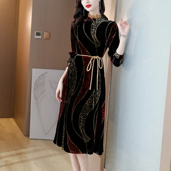 Sieviešu Korejas Elegants Vintage Garām Piedurknēm Kleita Ir 2021. Rudens Jaunas Bodycon Biroja Dāma Vestidos Ziemas Black Print Samta Midi Kleita