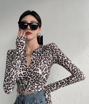 Tonngirls Leopards Drukāt Sieviešu T-krekls Slim, Sexy Crop Topi ar garām Piedurknēm Top Sieviešu Pavasara Rudens Ir 2021. Streetwear T Krekls Y2k Topi