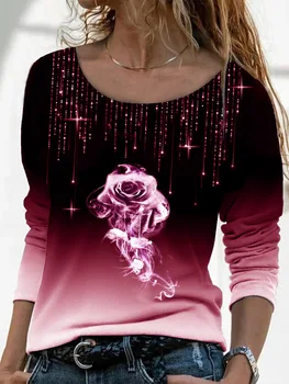 Sky Rožu Print T-krekls Sievietēm Gadījuma O-veida Kakla ar garām Piedurknēm, Sieviešu Džemperi, Topi Tees Ir 2021. Rudens Ziemas Tees
