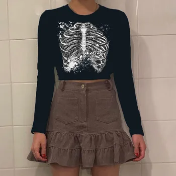 Wsevypo Gothic Skelets Print T-krekli Rudens Sieviešu garām Piedurknēm Slim Fit Kultūraugu Top Harajuku Streetwear t-veida Pulovers