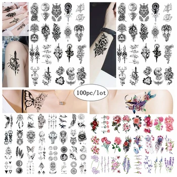 100 Gabals Mazo Totēma Dzīvnieku Ūdensnecaurlaidīgus Pagaidu Tetovējumu Uzlīmes, Vīriešu, Sieviešu, Vairumtirdzniecība Ziedu Body Art Viltus Sexy Rokas Tetovējums Komplekts
