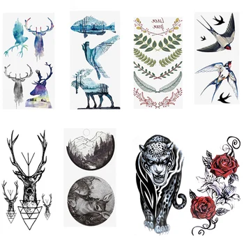 Pārdošanas Krāsains Karikatūra Jauno tetovējumu uzlīmes dzīvnieku uzlīmes, vienreizlietojamie Melnu Putnu, zivju, Ziedu Briežu Body Art Viltus Ūdens Nodošanu