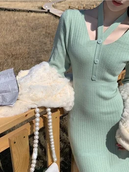Rudens Trikotāžas Elegants viengabala Kleita Sievietēm Bodycon korejiešu Stilā Puse Midi Kleitu Y2k Francija Vintage Pavada Apkakles Kleitas 2021