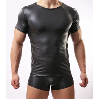 Plus Lieluma Spēcīgu Vīriešu Karsts, Seksīgs Mākslīgās Ādas Melns T-krekls Īstermiņa piedurknēm Topi Vīriešu Geju Valkāt T Krekli Vīriešu Undershirts Jaunas