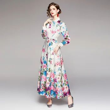 Ir 2021. Rudens Modes Skrejceļa Pārklājumu Ziedu Maxi Kleitas, Sieviešu garām Piedurknēm Ziedu Drukāt Brīvdienu Ilgi Kroku Vestidos N69802