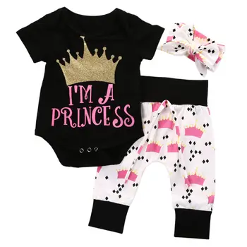 0-18M Meitenes Princese Romper Bērniem Topi+Garās Bikses+Galvas Puse 3pcs Set Baby Girl Crown Set Tērpiem