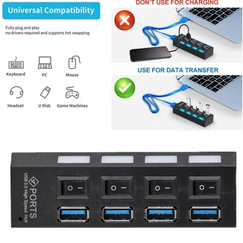 LccKaa 4 Port USB 3.0 HUB Multi USB Sadalītājs 5.0 gb / s lielu Ātrumu Pārveidotāja Adapteris ar on/off Slēdzis MacBook DATORU, Notebook