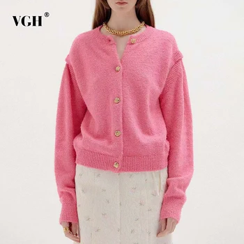 VGH Rozā Adīšanas Jaciņa Sievietēm Apaļu Kakla garām Piedurknēm Noņemams korejas Modes Cietā Sieviešu Džemperis Ir 2021. Rudens Apģērbi