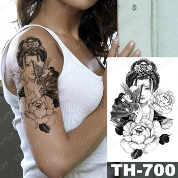 Ūdensnecaurlaidīgus Pagaidu Tetovējumu Uzlīmes Japāņu Geišas Flash Tetovējumiem Skaistumu karotāja zobens, Peonija Body Art Roku Viltus Tetovējums Sievietes Vīrieši