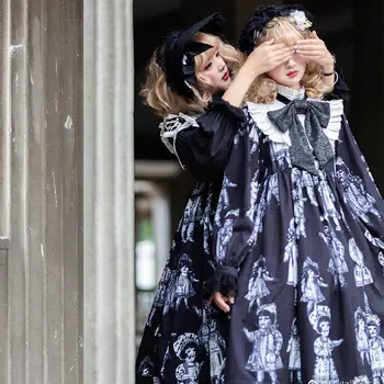 Viktorijas Vintage Gothic Lolita Op Kleita Sievietēm Tumši Laikraksta Lelle Drukāt Loku Garām Piedurknēm Princese Kleita Meitenēm Tējas Puse Kleitas
