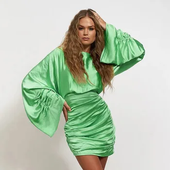 Sievietes\u2019s Zaudēt Gadījuma garām Piedurknēm Īsa Kleita Vasaras Modes vienkrāsainu Augsta Vidukļa Kroku Izdilis Kleita Sieviešu Apģērbs