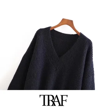 TRAF Sieviešu Modes Lielgabarīta Soft Touch Adīt Džemperis Vintage V Apkakli, garām Piedurknēm, Sieviešu Džemperi Šiks Topi