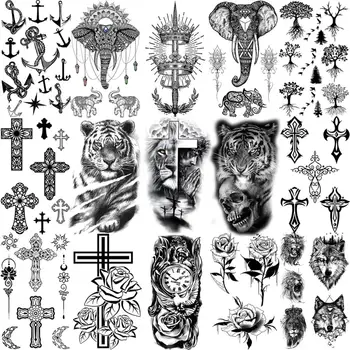 3D Lauva, Tīģeris Skelets Zilonis Pagaidu Tetovējumiem Sievietēm, Vīriešiem Krusta, Enkura Crown Rožu Ziedu Viltus Tetovējums uz Kakla un Rokas Mazo Tatoos