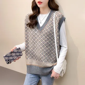 Retro modes bez piedurknēm, V-veida kakla trikotāžas veste sievietēm pavasarī un rudenī ir 2021. modes jauns korejiešu brīvs savvaļas ikdienas džemperis
