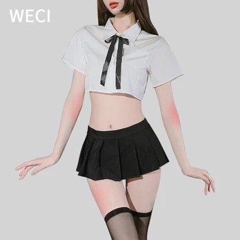 WECI Sexy Tīra Skolā Meitene Cute Apģērbs Studentu JK Vienādu Lomu Kostīmus, Balts Krekls & Kroku Mini Svārki Atbilstu Britu Stils