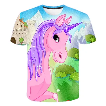 Vasarā Meitenes 4 5 6 7 8 9 Gadiem Unicorn T-krekls unicornio Drukāt Cute Karikatūra Topi ar Īsām Piedurknēm Tees Bērniem lielgabarīta rozā t krekls