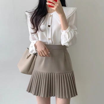 Pavasarī, Vasarā Korejiešu Stila Augsto Vidukli Kroku Svārki Sievietēm Ir 2021. Sieviešu Modes Slaids Viduklis Gadījuma Cietā Mini Svārki Ar Rāvējslēdzēju