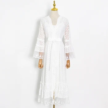 TWOTWINSTYLE Mežģīnes Up Vintage Kleita Sieviešu V Kakla garām Piedurknēm, Augsta Vidukļa Cietā Dobi No Sieviešu Kleitas Ir 2021. Modes Apģērbi