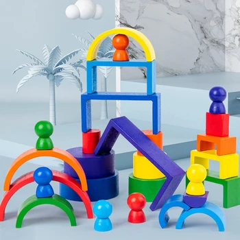 Koka Varavīksnes Arch Kraušanas Rotaļlietas Montessori Sākumā Izglītības Celtniecības Bloki Jenga Spēle Maziem Bērniem Bērniem Dāvanas