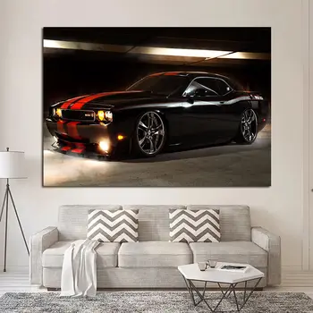 Sienas Mākslas Audekls Melno Dodge Challenger, Ar Sarkanas Svītras Transportlīdzekļa Plakātu, Gleznu Dzīvojamā Istaba Attēlu Drukas Guļamistaba, Mājas Dekoru