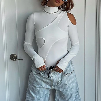 IAMSURE Sexy Slim Dobi No Cietā Bodysuits Gadījuma Izdilis augstu uzrullētu apkakli ar garām Piedurknēm Kombinezonus Sievietes Ir 2021. Streetwear Modes Topi