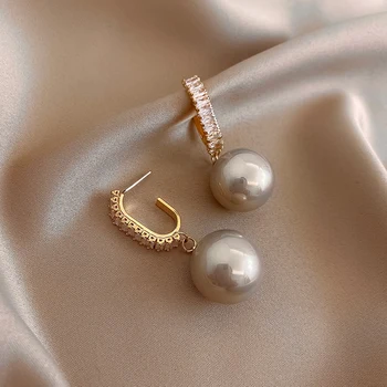 Korejas Modes Augstas kvalitātes Kristāla Zircon Gray Pearl C-formas Kulonu Auskari Sievietēm Ir 2021. Rotaslietas Puses Meiteni Luksusa Auskari