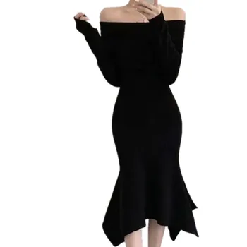 Jaunas ielidošanas vintage franču stila džemperis memraid kleita sievietēm slash kakla slim paketi hip taures trikotāžas kleita