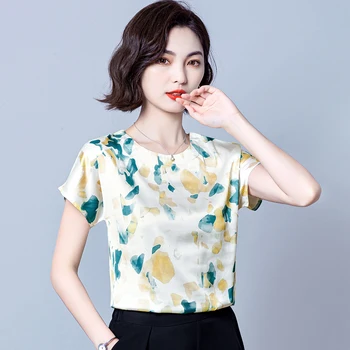 Vasaras korejas Modes Zīda T-krekli, Sieviešu Vintage Satīna Tops Sievietēm ar Īsām Piedurknēm Melnā Balts Biroja Dāmu Krekli