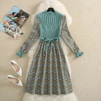 Raibs Trikotāžas Kleitas Sievietēm Kritums Apģērbu Jaunas Ielidošanas Vintage Ziedu Vestidos Šiks Laternu Piedurknēm Viltus Divas Kleita