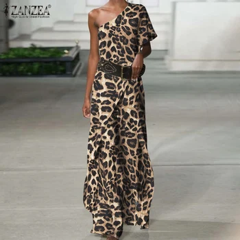 ZANZEA Modes Leopards Izdrukāt Sieviešu Jumpsuits 2021. Gada Vasaras Off Plecu Lencēm Gadījuma Zaudēt Lielgabarīta Romper Brīvdienu Playsuits