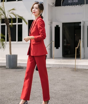 Modes Red Vienotu Stilu Pantsuits ar 2 Gabals, kas Bikses un Jakas Mētelis Dāmas Office Professional Sieviešu Uzņēmējdarbības Bleizeri