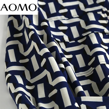 AOMO ir 2021. Modes Sieviešu Ģeometrija Drukāt Midi Kleita ar Slīpsvītru ar garām Piedurknēm Biroja Dāmas Vintage Kleita 6D31A