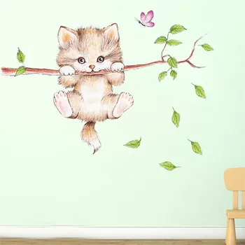 Kaķi koka zaru tauriņš slēdzi, sienas uzlīmes, guļamistaba, dzīvojamā istaba apdare dzīvnieku mākslas uzlīme, sienas uzlīmes mākslas plakāts