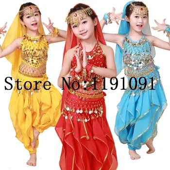 Bērna vēdera deju kopa deju apģērba deju indija darbības valkāt 3pcs-5gab Top&Elsas&Jostas&Galvu&Rokassprādzi,4 krāsas.VL-143