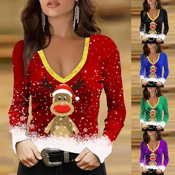 Ziemassvētku Apģērbs Seksīgs Modes Sieviešu Topi Ir 2021. Rudenī Un Ziemā, Jaunu Gadījuma Plus Lieluma Elk Drukāt V-veida Kakla garām Piedurknēm T-Krekls