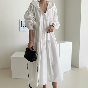 Kapuci Brīvs Džemperis Gara Kleita Krokas Tīrtoņa Krāsu Garām Piedurknēm Sievietēm Jauna Rudens Ir 2021. Japāņu Stila Modes Zaudēt Gadījuma