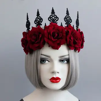 Sarkanu rožu kronis Dāma Karalienes Galvas Vainags Vintage Gotiskā Melnā Kroņa Sarkanas Rozes Tiara Galvu Halloween Puse Maskēties Cosplay