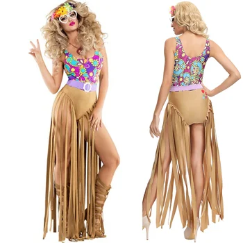 Sieviešu pušķi hipiju tērpi pieaugušo 60s, 70s-retro feelin groovy diskotēka bārs dziedātājs karnevāla kleita halovīni puse cosplay apģērbi
