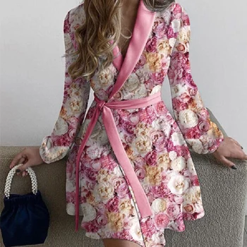 Ir 2021. OL Style Kārta-Collar-Line Puse Kleita Sievietēm Sexy Modelis Drukāt Raibs Mini Kleita Rudens Siksnas ar garām Piedurknēm Kleita