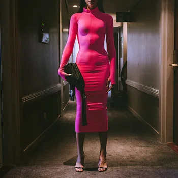 Ir 2021. Jaunu Sexy Kleita ar garām Piedurknēm Kritums Apģērbu Sieviešu Modes Lielgabarīta Vestidos Visu maču Augsta Kakla Soma Hip Vidēja garuma kleita