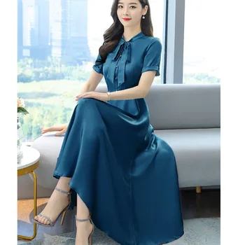 Ir 2021. pavasarī un vasarā jaunā korejiešu modes etiķskābes satīna temperaments mežģīnes-up īsām piedurknēm kleita sievietēm lieluma modes jūra