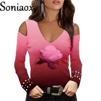 Ir 2021. Rudens Modes V-Veida Kakla Sexy Off-Plecu Slīpums Ziedu Drukāt Ilgtermiņa Piedurknēm T-Krekls Dāmas Gadījuma Zaudēt Iela Topi Apģērbi