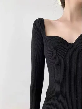 Trikotāžas Elegants Midi Kleitu Sieviešu Rudens Ziemas Ilgi Slevee Dizainers Francija Vintage Kleita Melnā korejiešu Stilā, viengabala Kleita ir 2021.