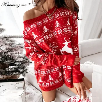 Sieviešu Sexy pie pleca Trikotāžas kleita 2022 Jauno Gadu Žakarda Ziemassvētku Kleita Rudens Ziemas Zaudēt garām Piedurknēm sarkans džemperis kleita