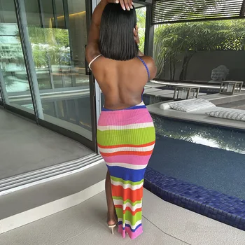 Prowow Sieviešu Bodycon Maxi Kleita Krāsaina Svītraina Backless Sexy Beachwear Drēbes Ir 2021. Jauno Vasaras Kamzolis Pusē Dalītais Apģērbs